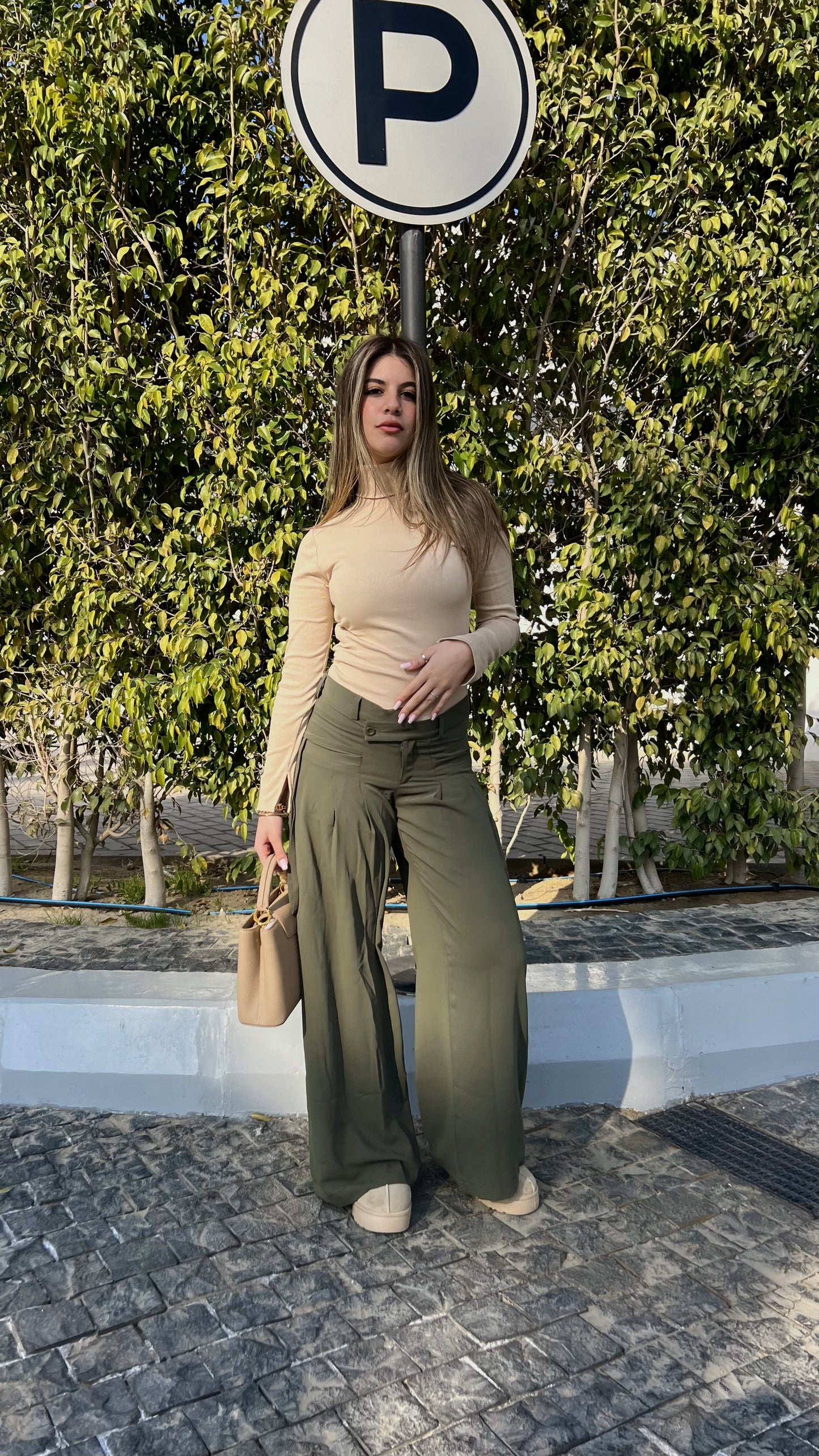 Olive Twist-Waist Wide-Leg Pants