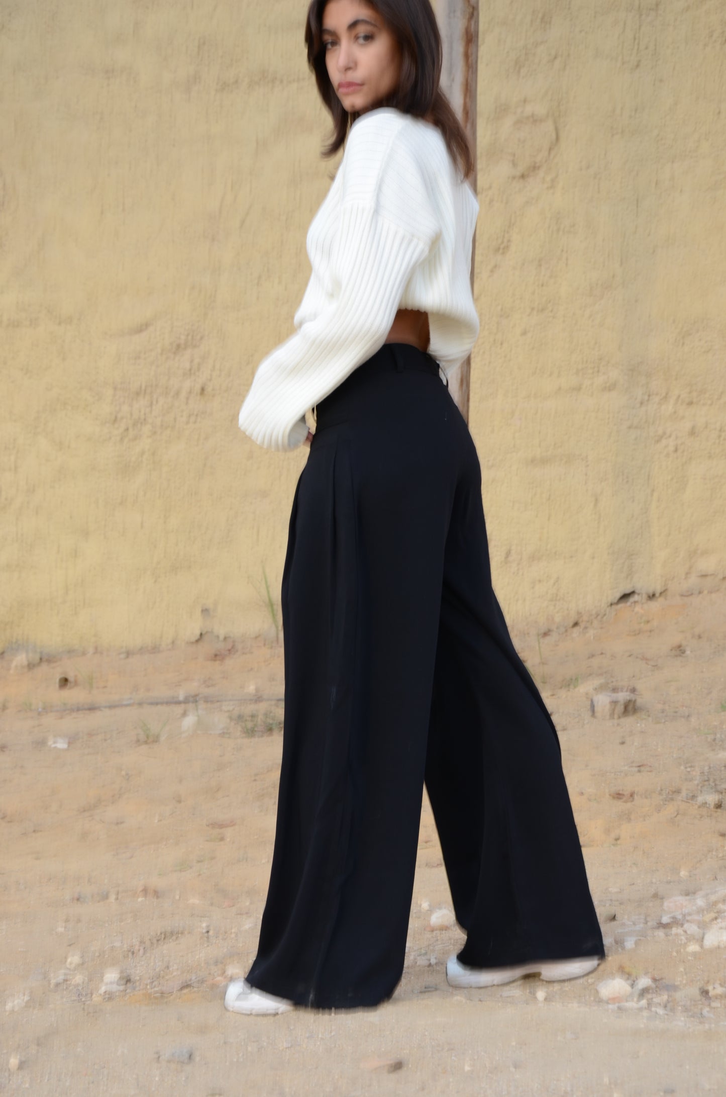 Black Twist-Waist Wide-Leg Pants