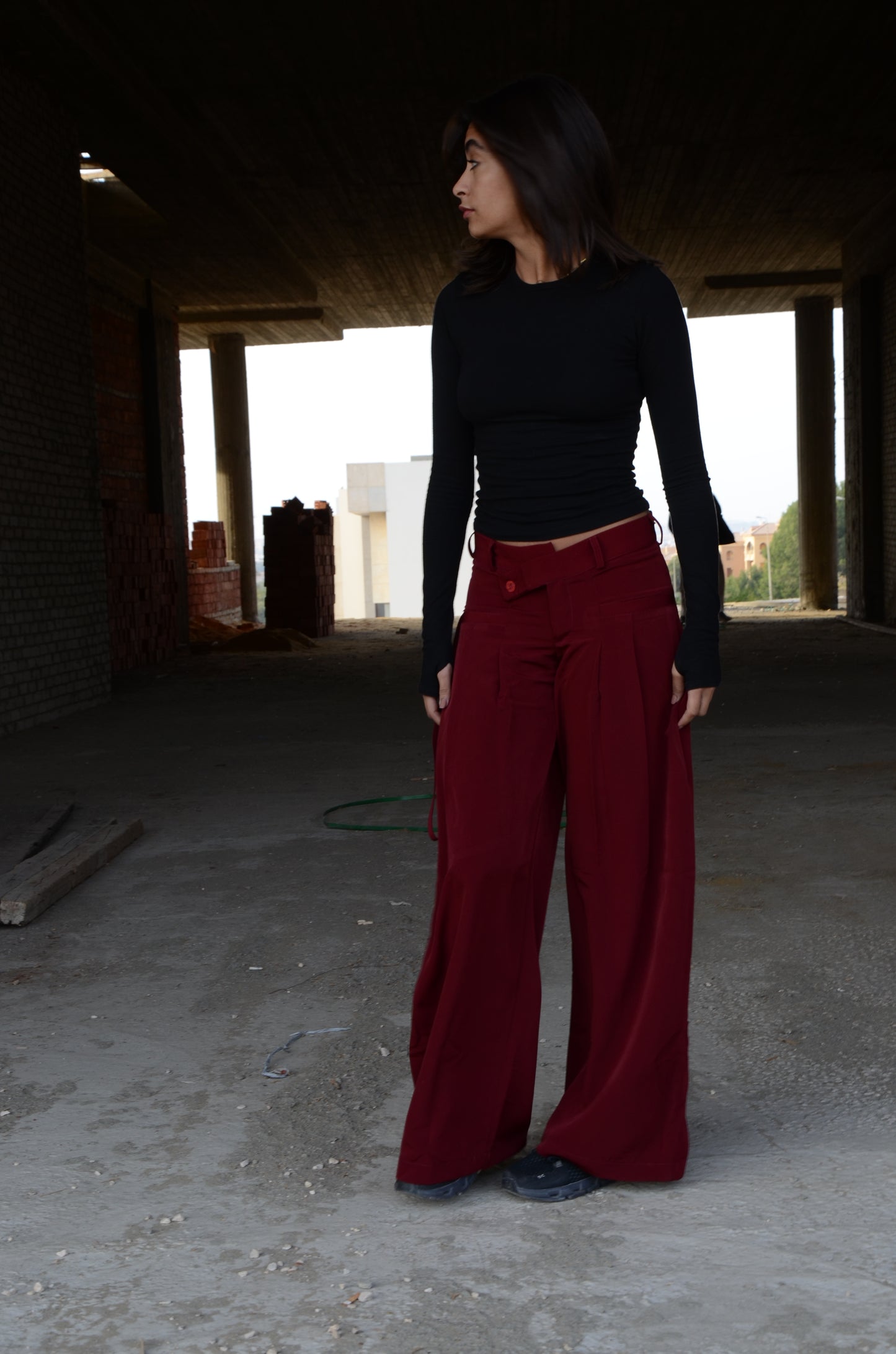 Burgundy Twist-Waist Wide-Leg Pants