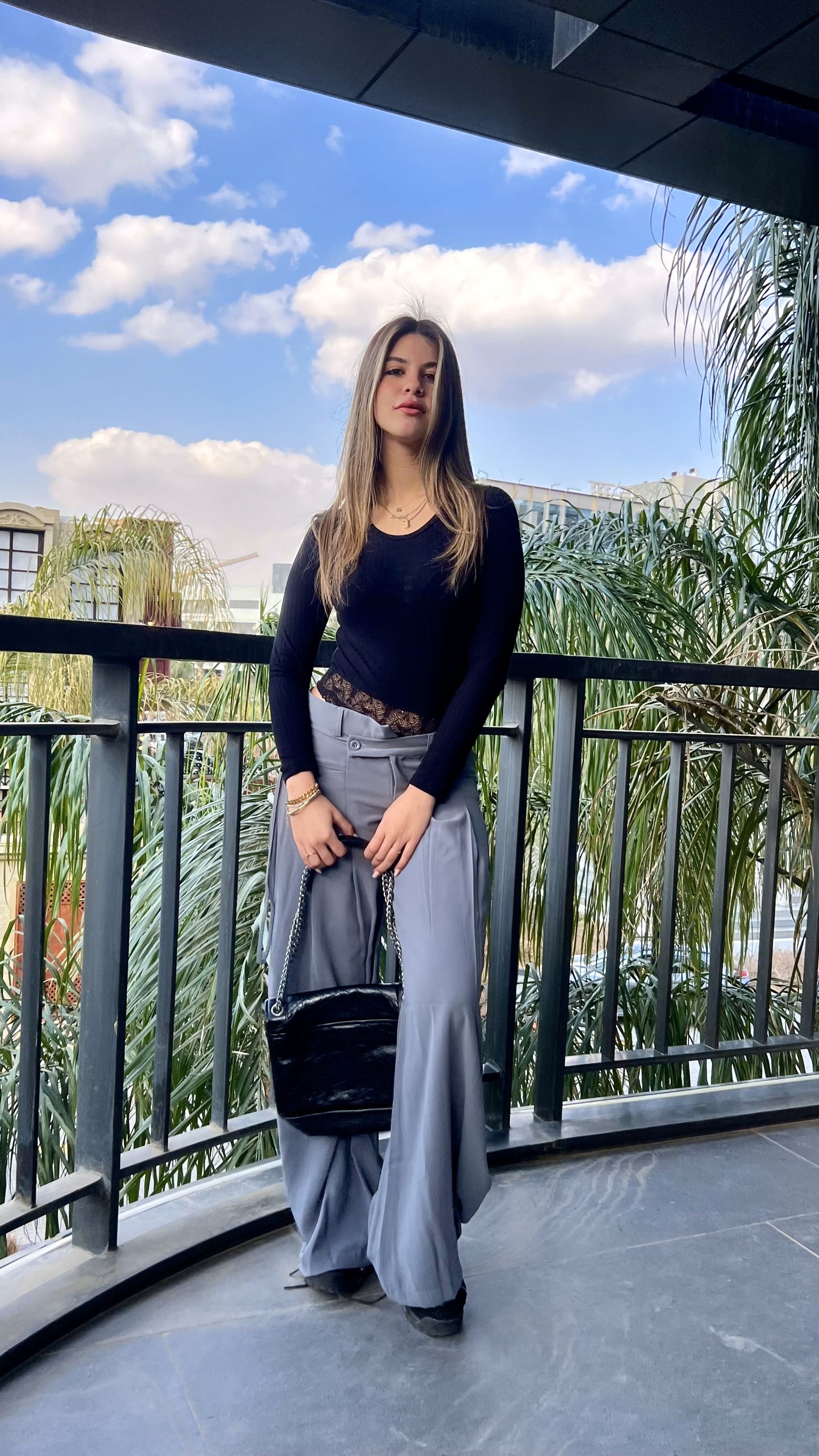 Grey Twist-Waist Wide-Leg Pants