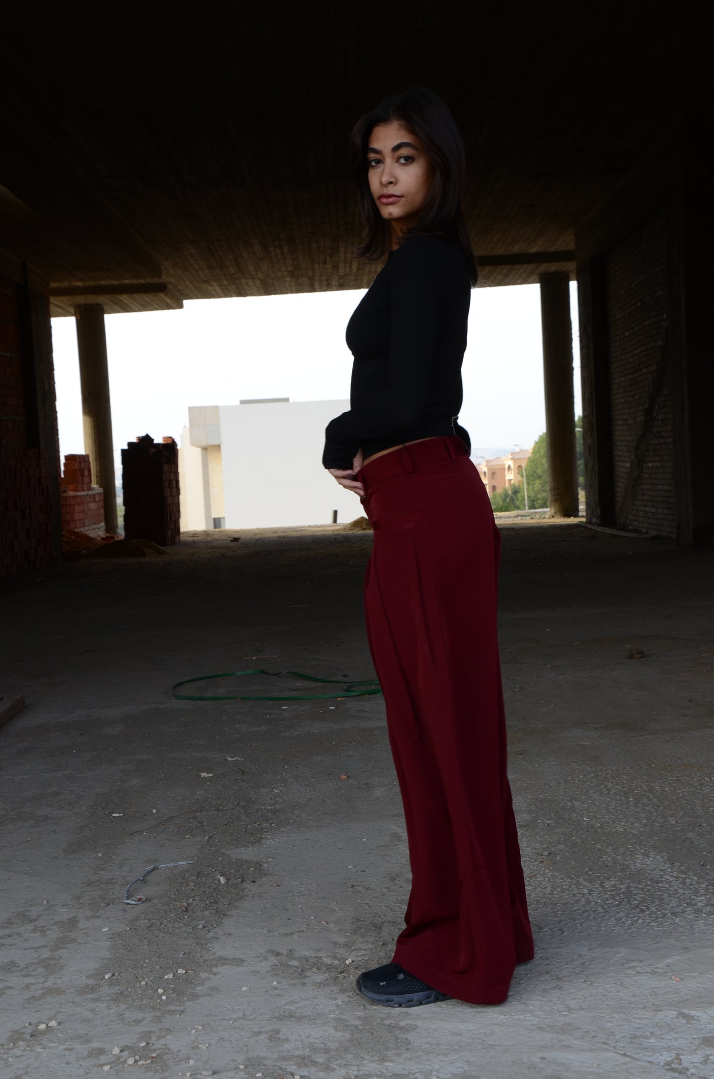Burgundy Twist-Waist Wide-Leg Pants