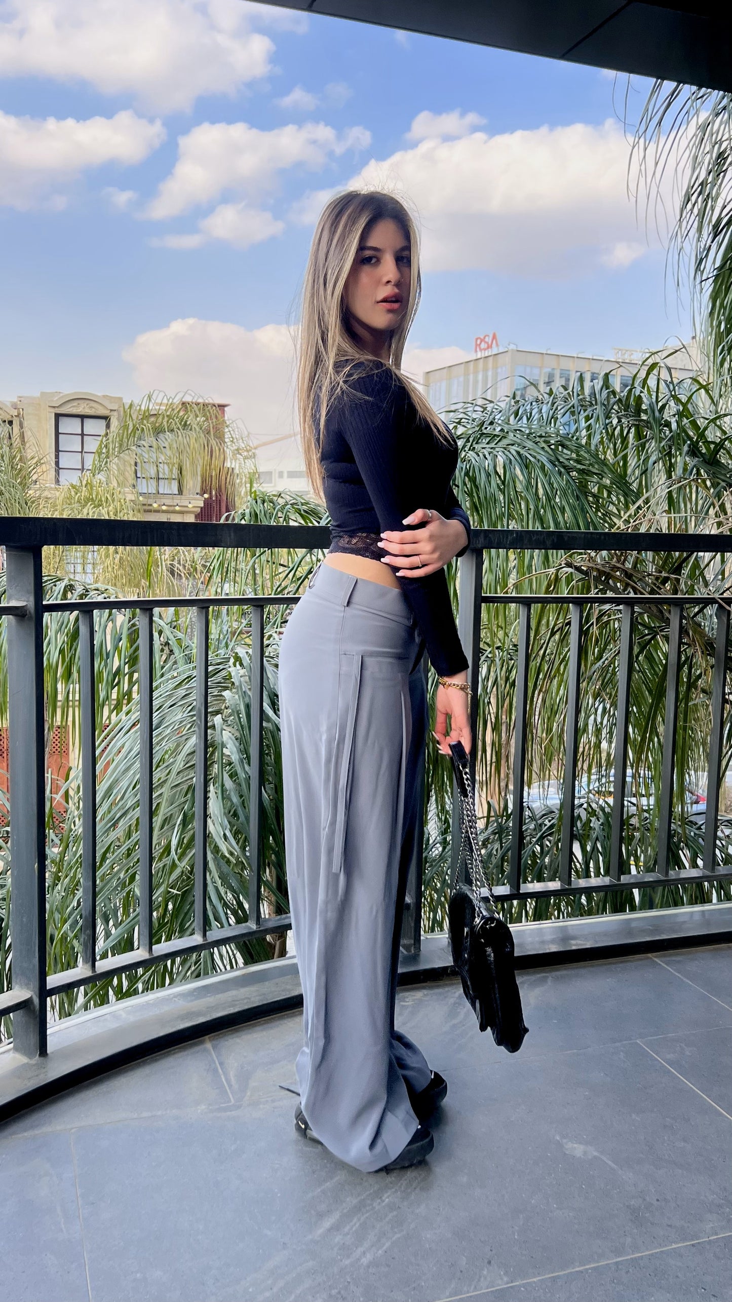 Grey Twist-Waist Wide-Leg Pants
