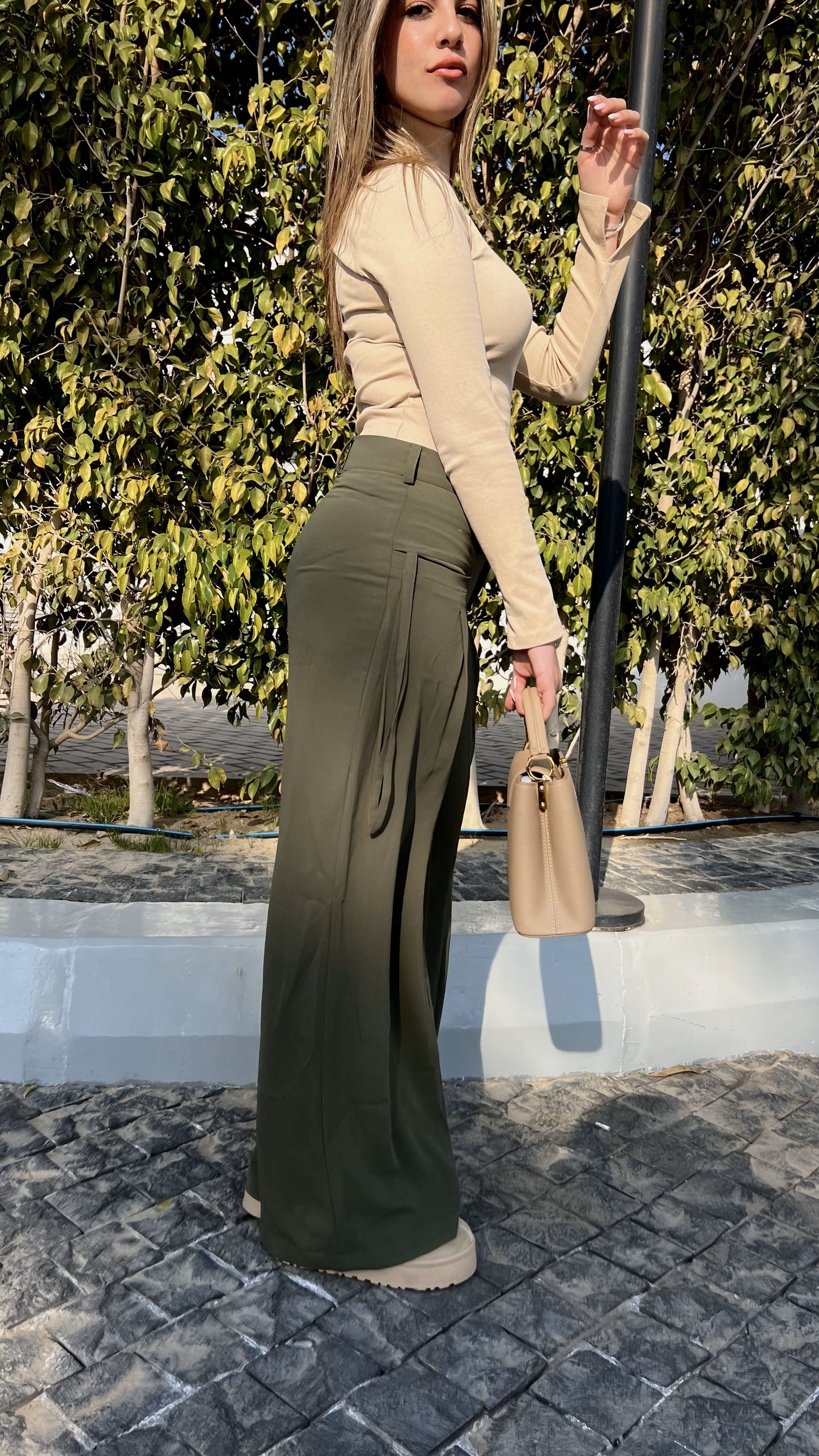 Olive Twist-Waist Wide-Leg Pants