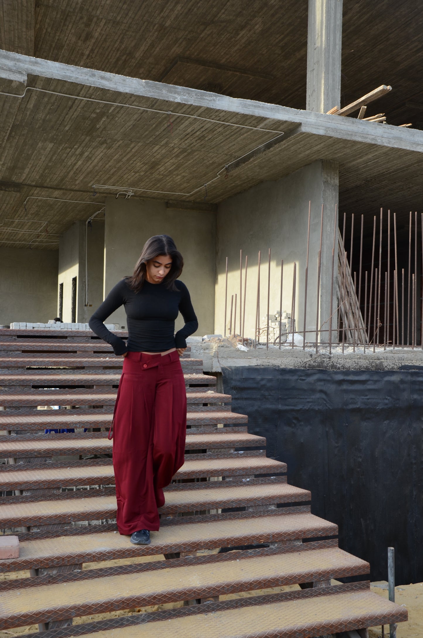Burgundy Twist-Waist Wide-Leg Pants
