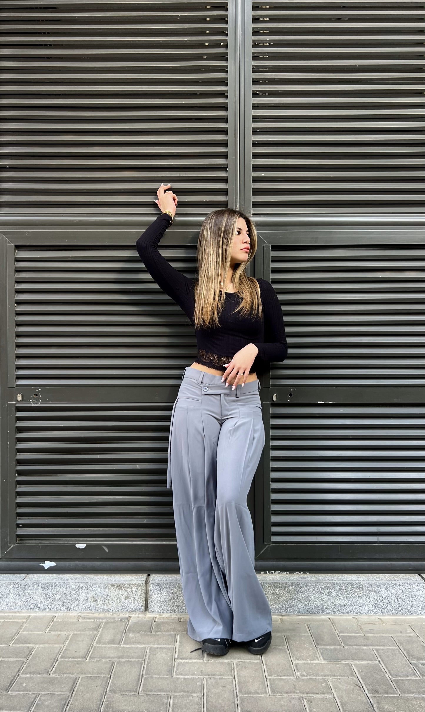Grey Twist-Waist Wide-Leg Pants