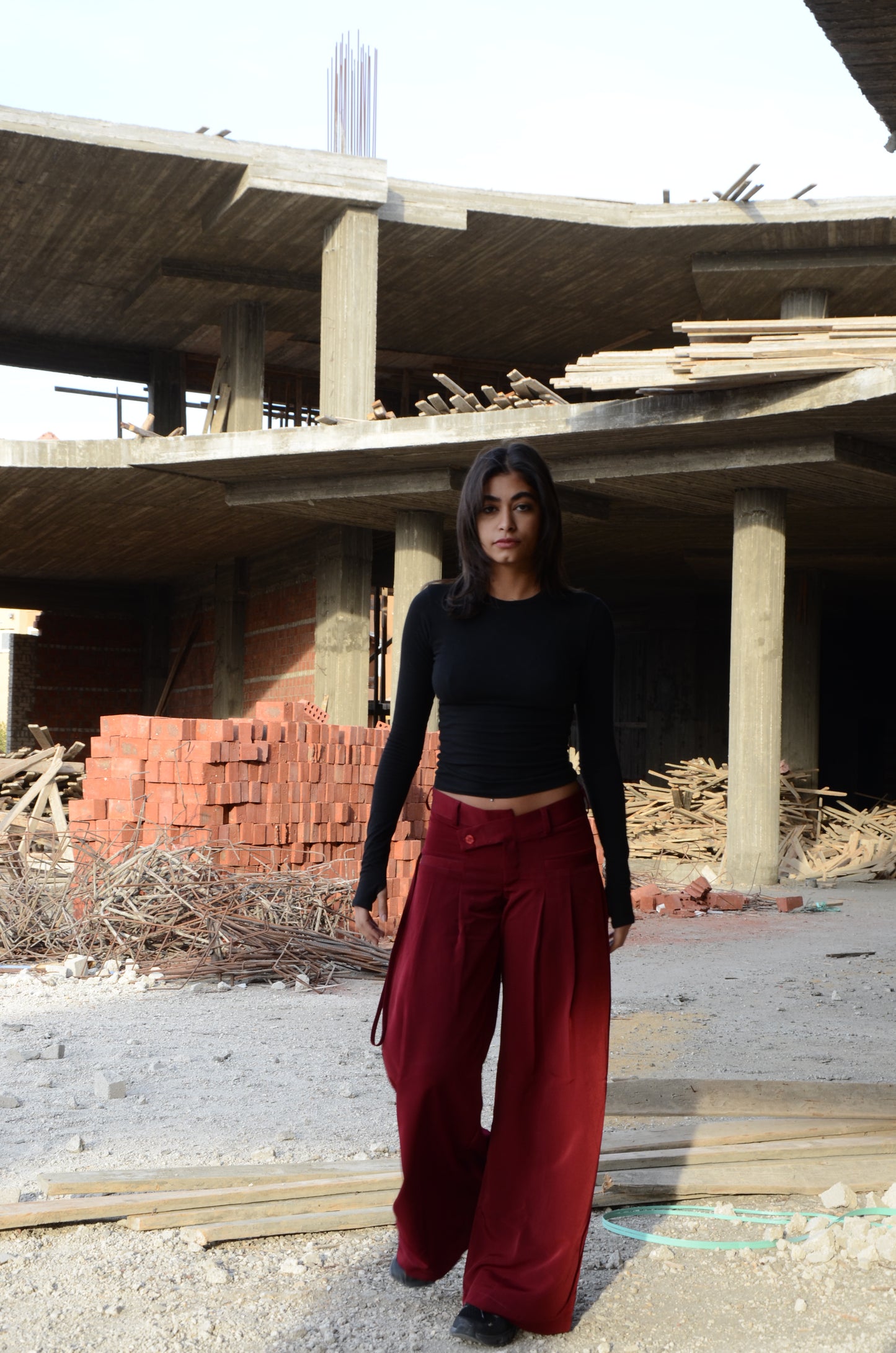 Burgundy Twist-Waist Wide-Leg Pants