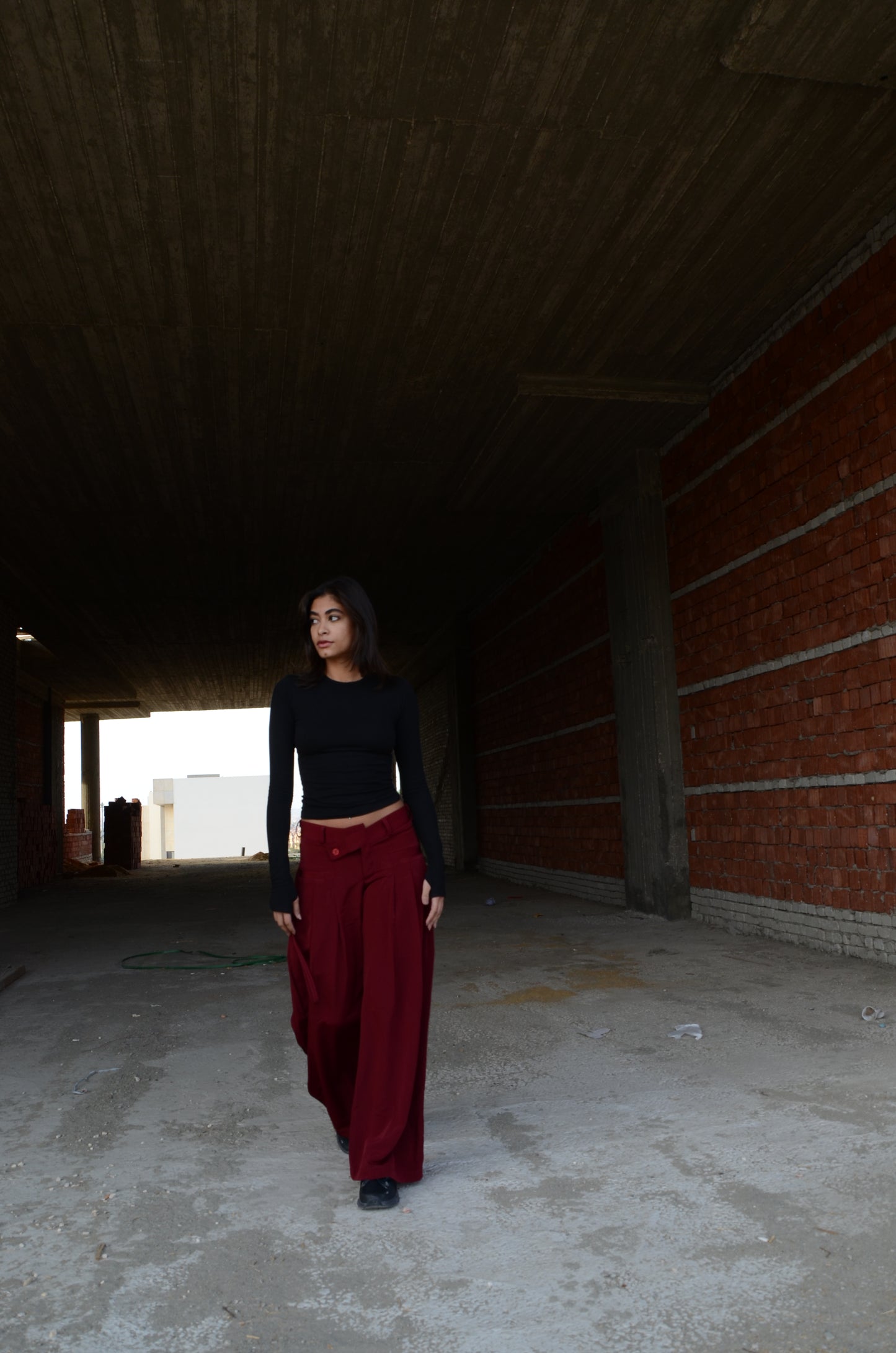 Burgundy Twist-Waist Wide-Leg Pants