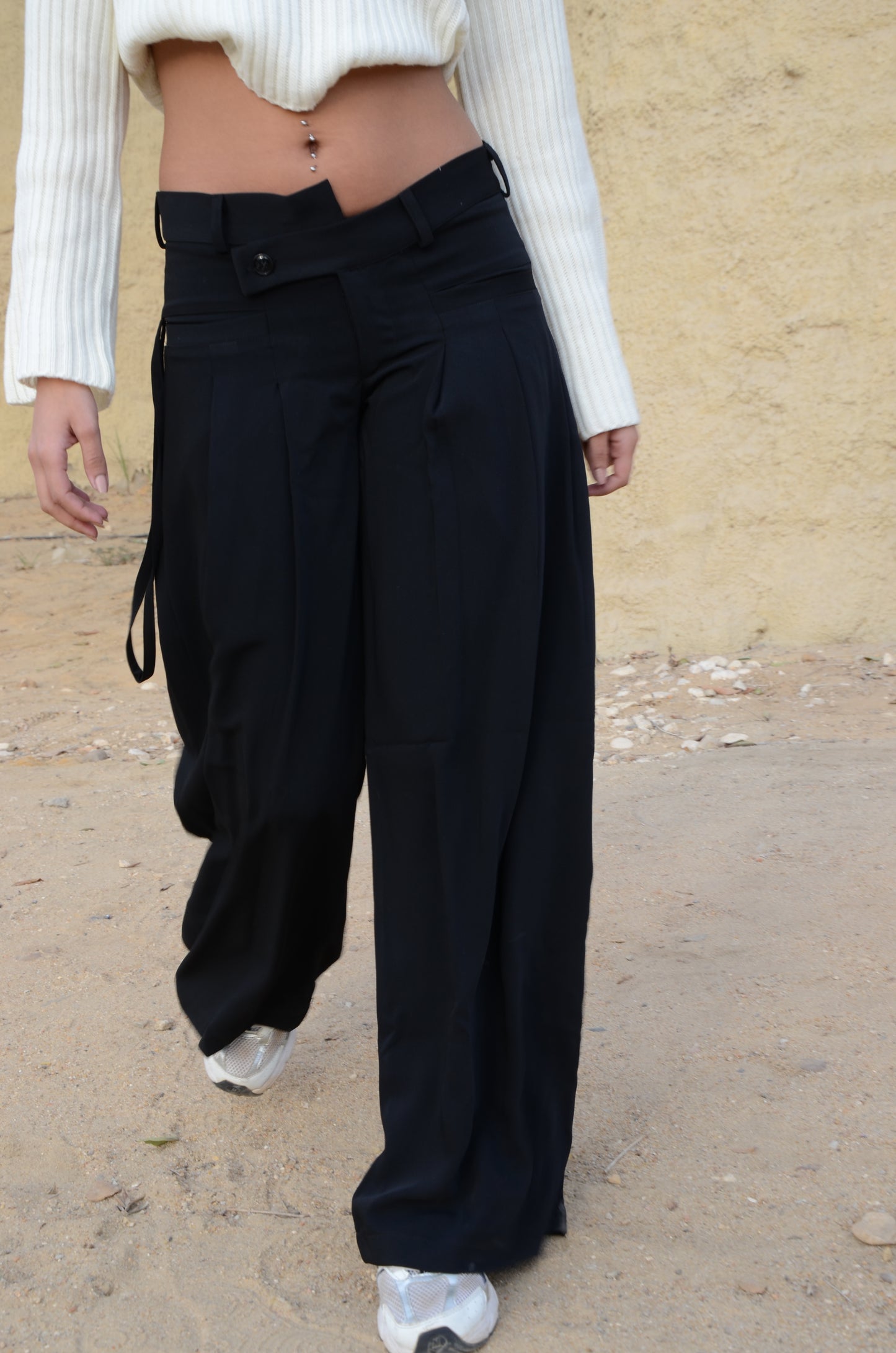 Black Twist-Waist Wide-Leg Pants