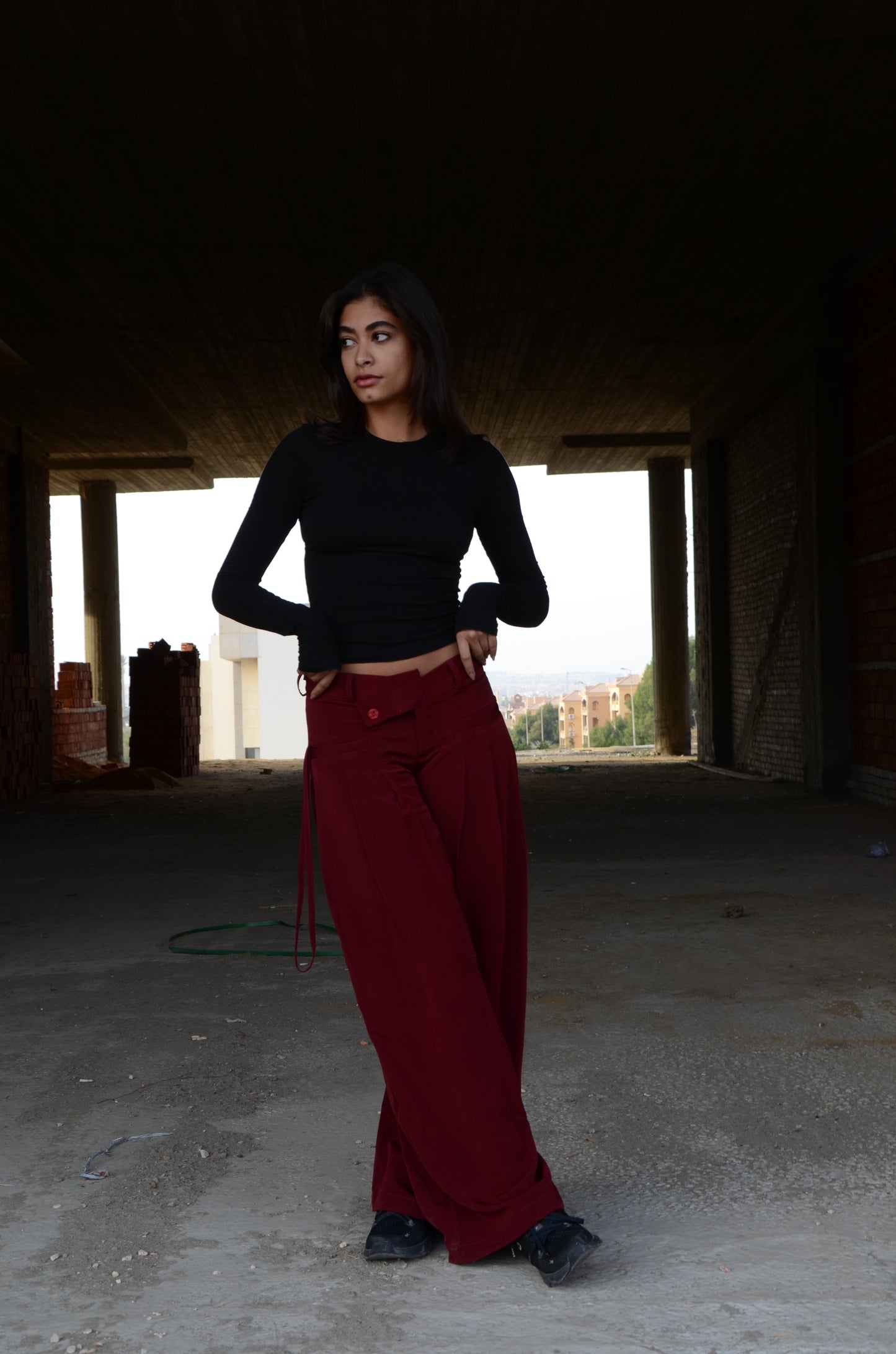 Burgundy Twist-Waist Wide-Leg Pants