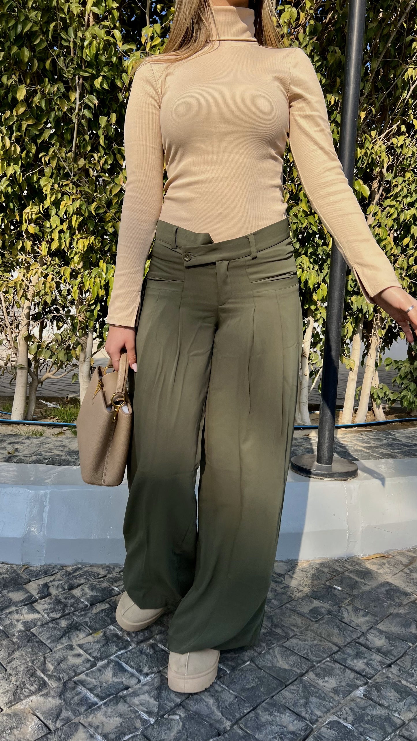 Olive Twist-Waist Wide-Leg Pants