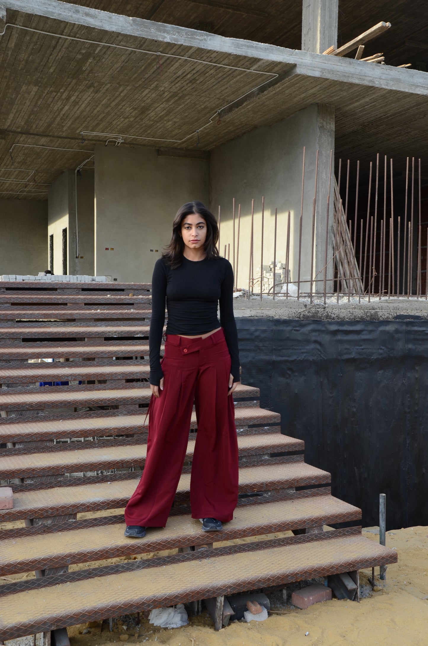 Burgundy Twist-Waist Wide-Leg Pants