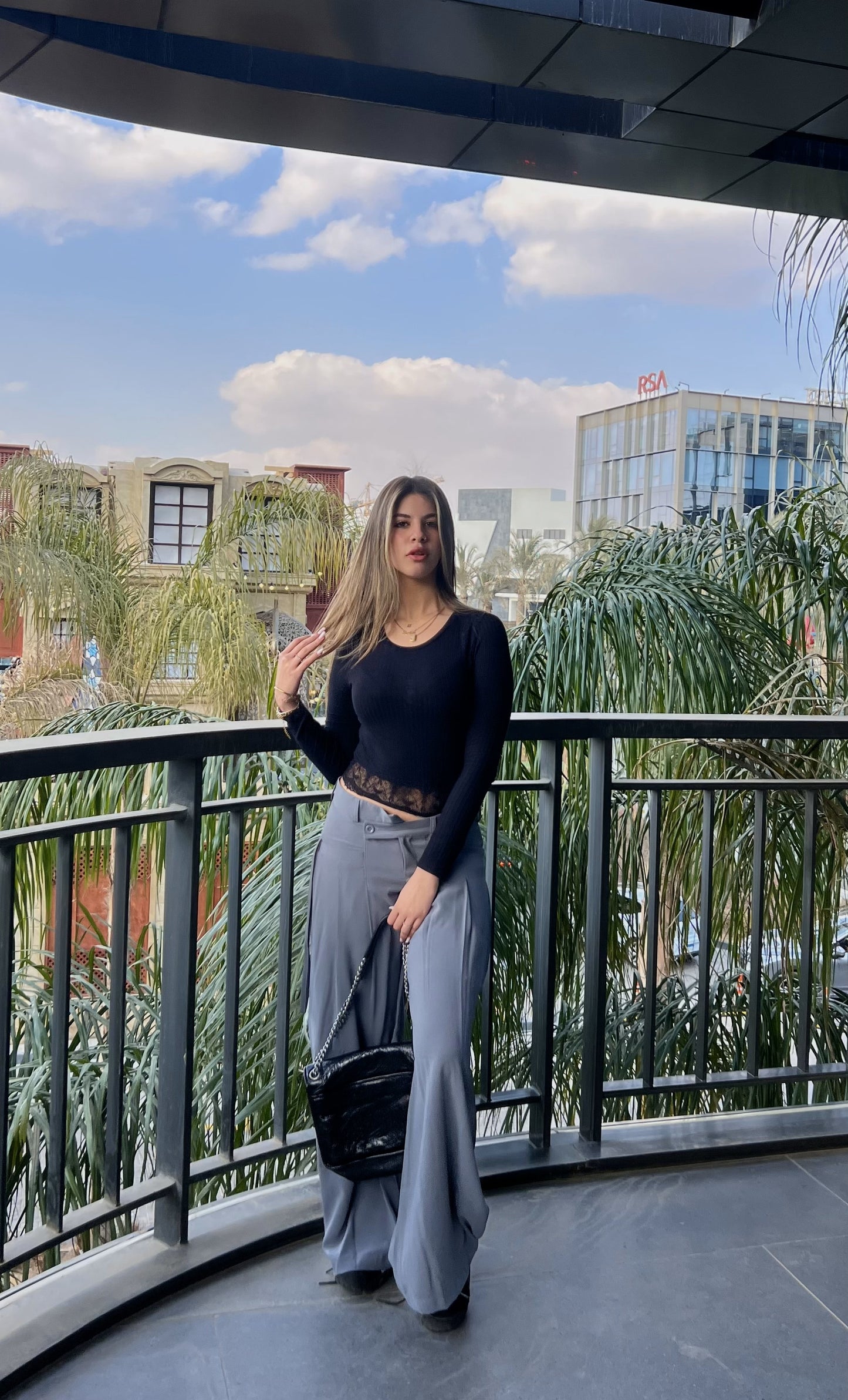 Grey Twist-Waist Wide-Leg Pants