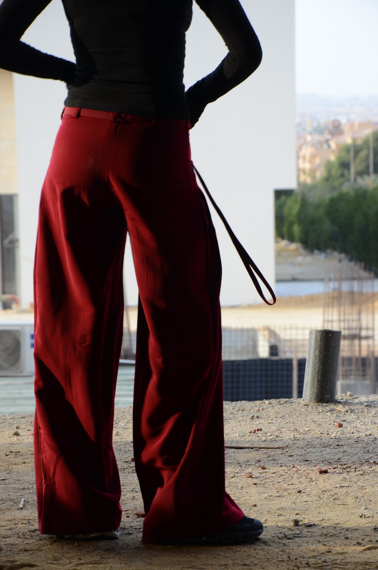 Burgundy Twist-Waist Wide-Leg Pants