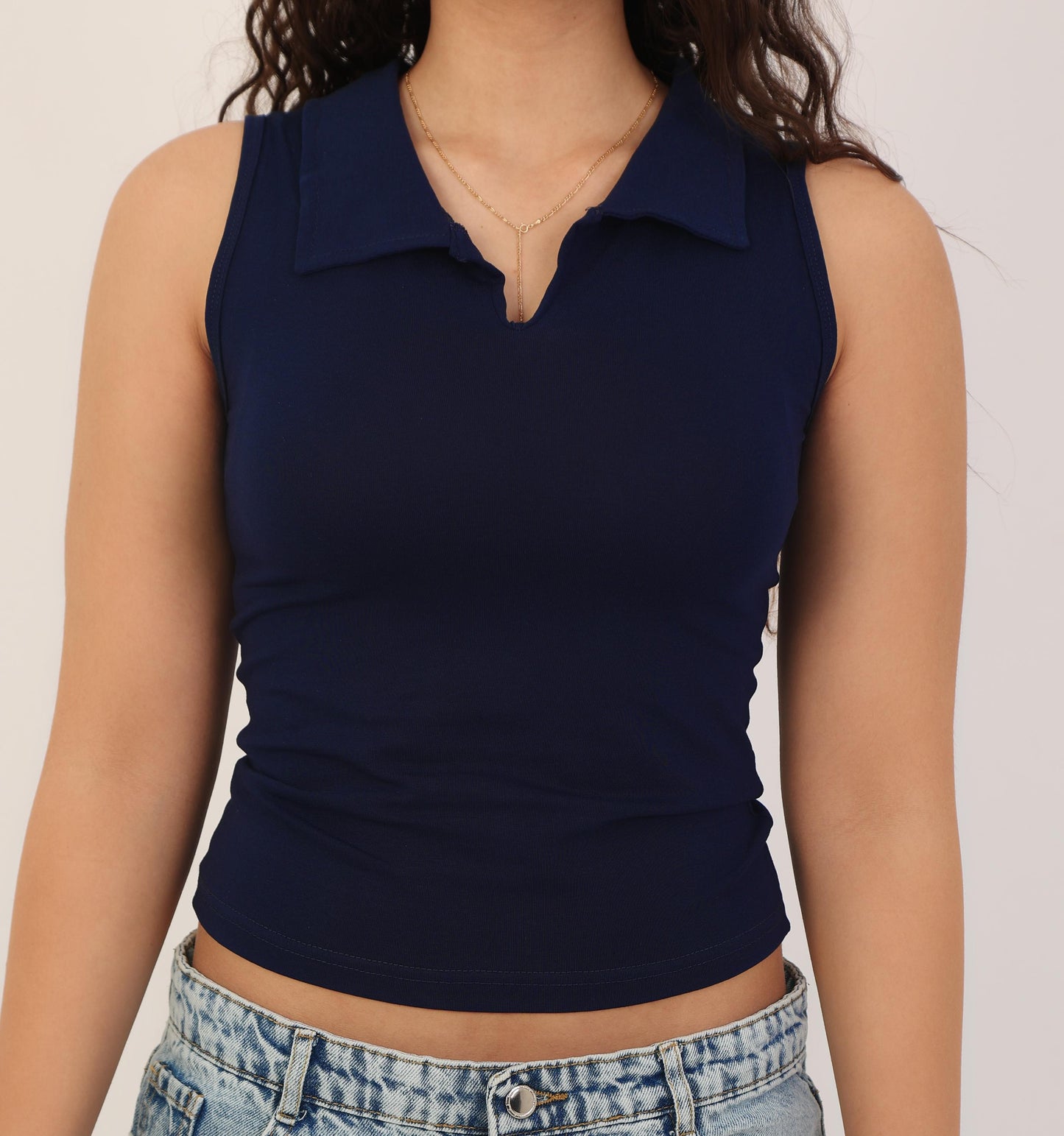 Sleeveless Collar Top (Navy Blue)