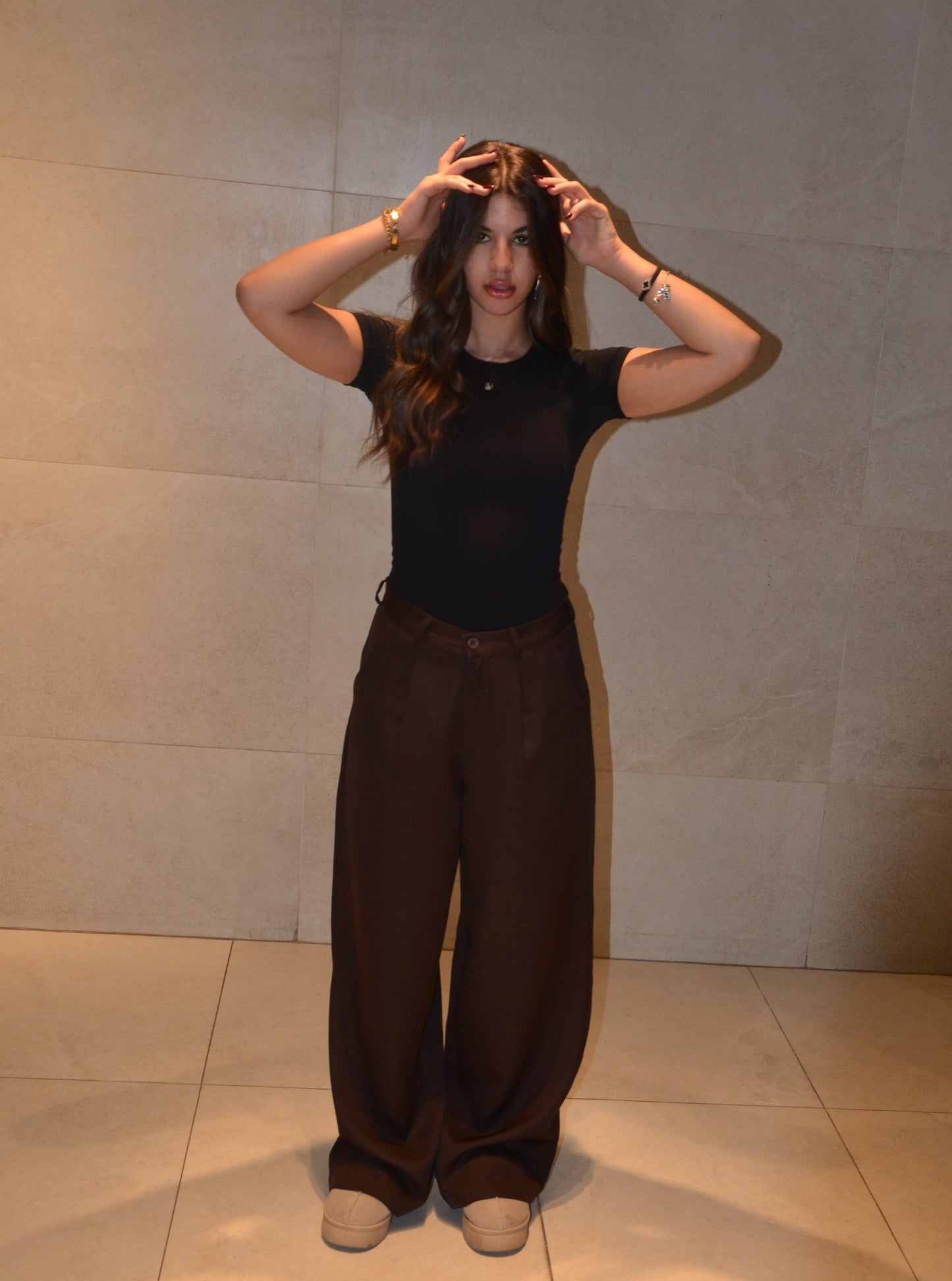 Wide-Leg Pleat Pants (Brown)
